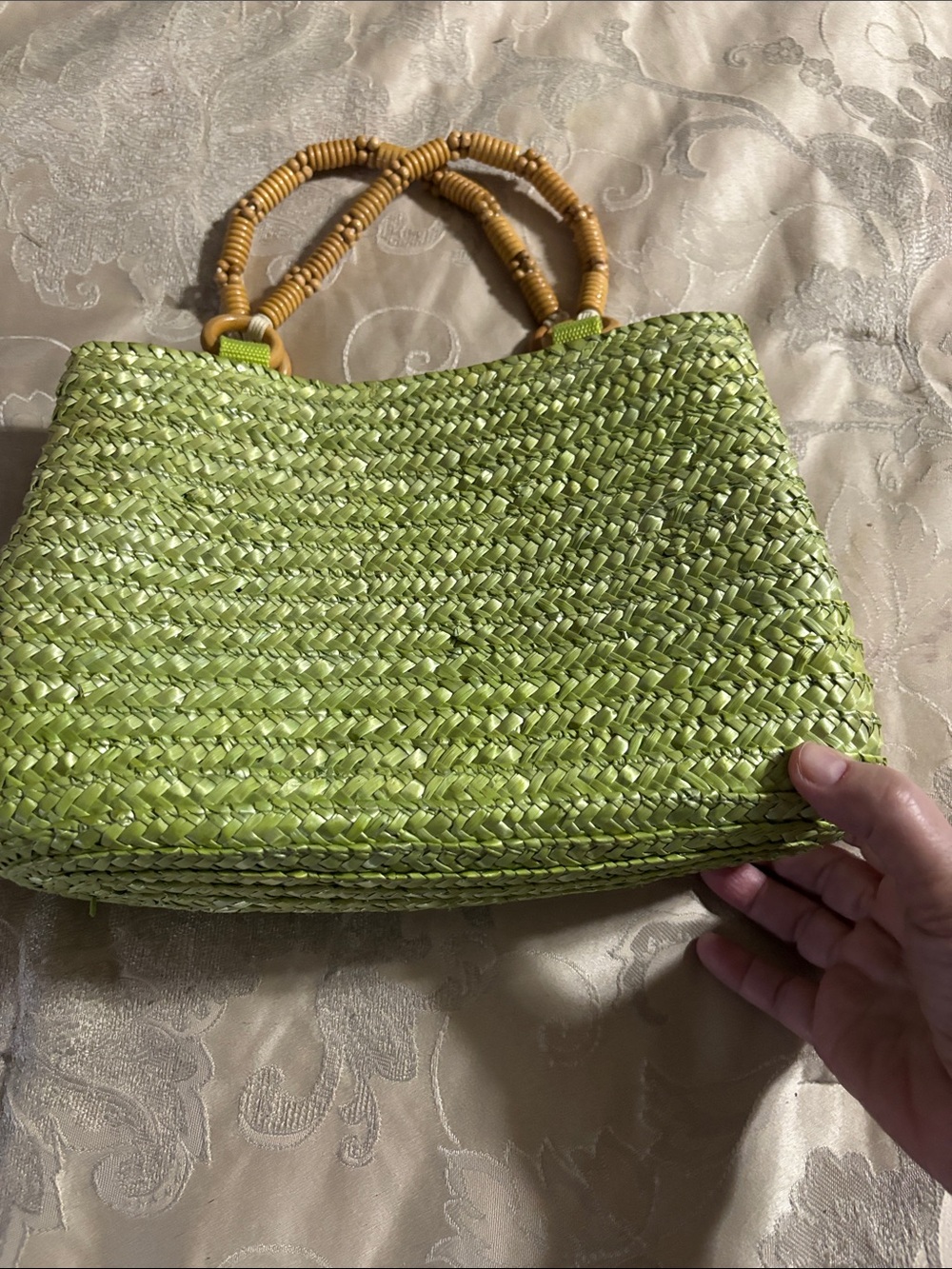 Green Woven Straw Tote with Bamboo-Style Handles - Picture 3 of 10